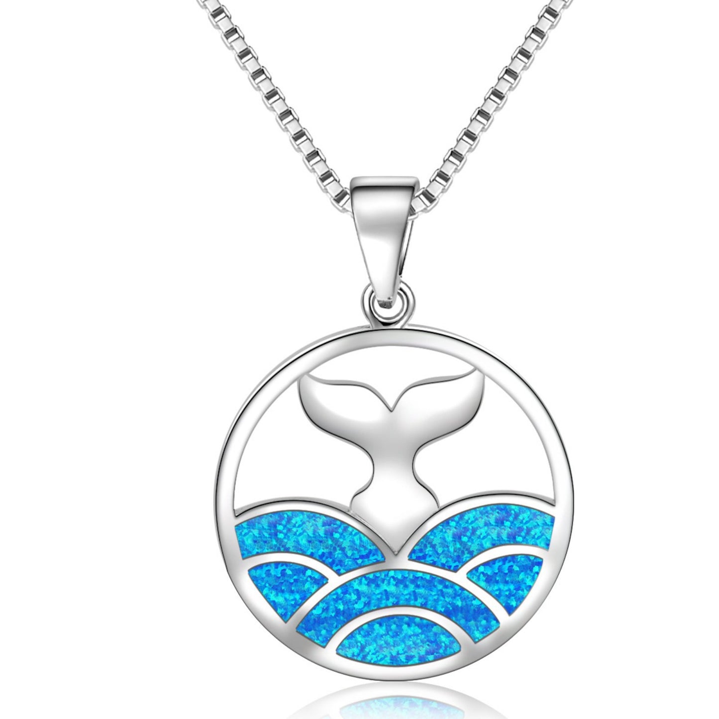 Aobao Trendy Christian Blue Opal Mermaid Tail Sweater Chain Surfing Necklace Silver Plated Copper Alloy Inlaid Lab Created Opal