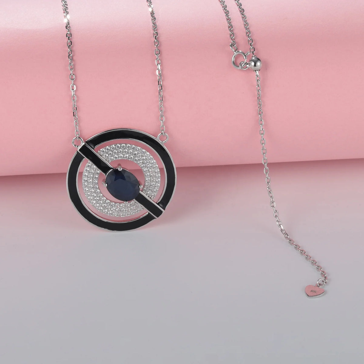 ArtistA Abiding Special Design Geometric Circle Round Disc Blue Diffusion Sapphire Topaz Red Agate Gems Forbidden Sign Charm Necklace