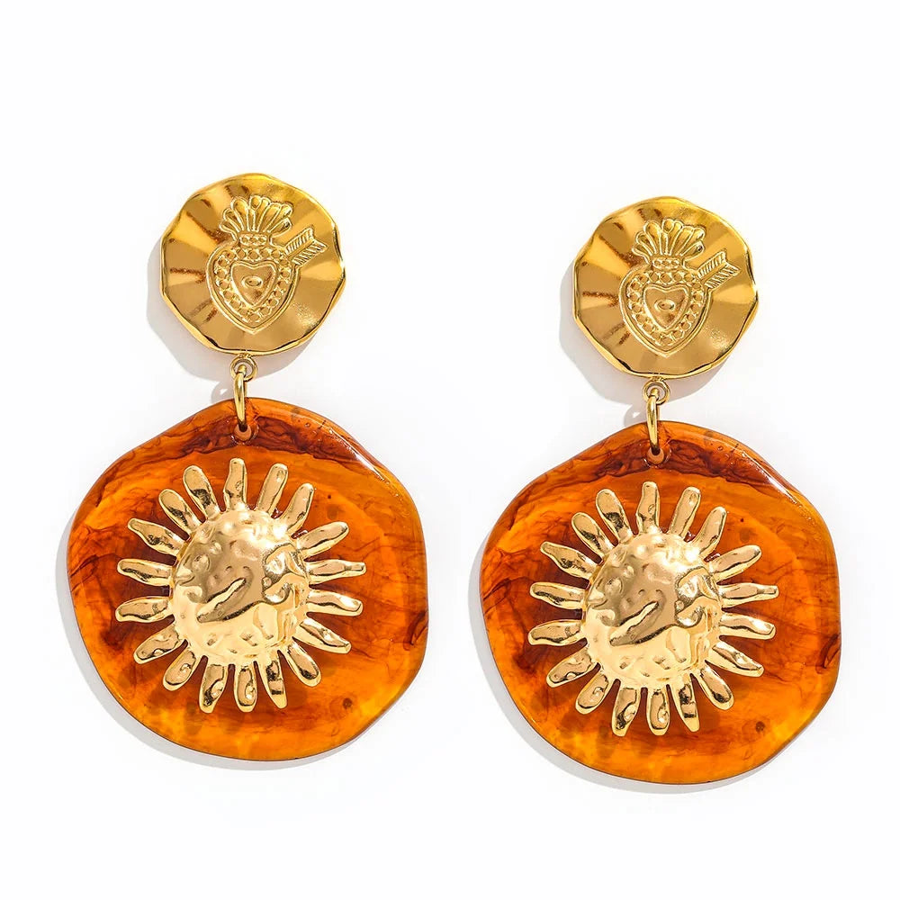 Joolim PVD Plated Wholesale Waterproof Fashion Boho Retro Chunky Daisy Acrylic Dangle Hoop Earring Stainless Steel Jewelry