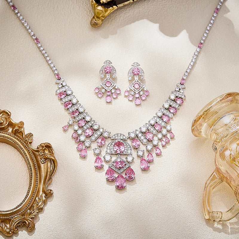 Bridal Wedding High-end Jewelry Necklace Earring Set Heavy Craftsmanship Shining Pear Shaped Zirconia Banquet Accessories