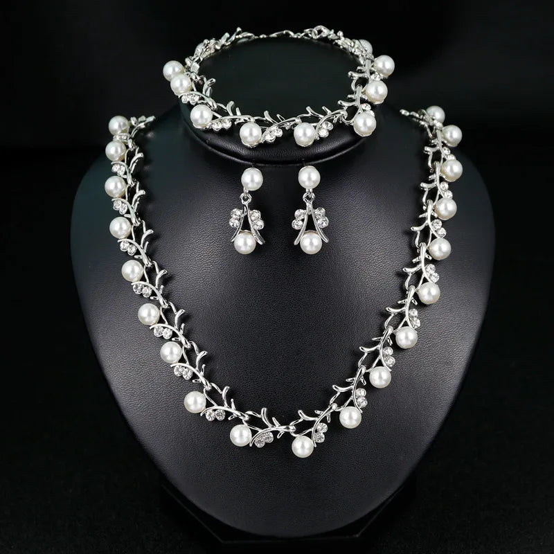 RFJEWEL Bridal Jewelry Necklace Earrings Bracelet Set Plated for Wedding Dress Gold with Pearl Stone Cheap Price Luxury Romantic