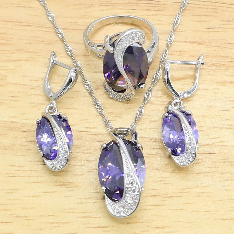 XOTICA 925 Silver Jewelry Set for Women Wedding Amethyst Bracelet Necklace Pendant Birthday Gift for Engagement Party