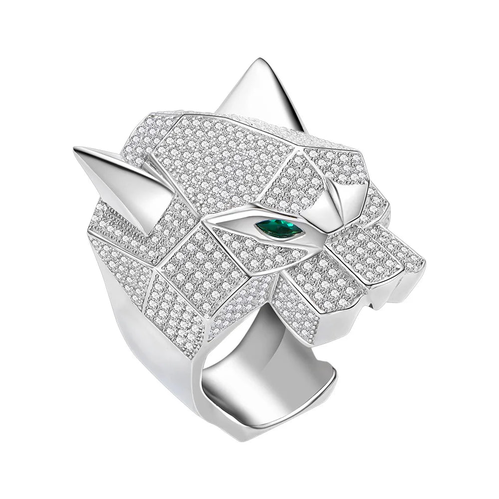 MuShan Luxury Platinum Plated Women's Wedding Party Leopard Head Ring High Carbon Diamond Precision Crafted Pure Silver Jewelry