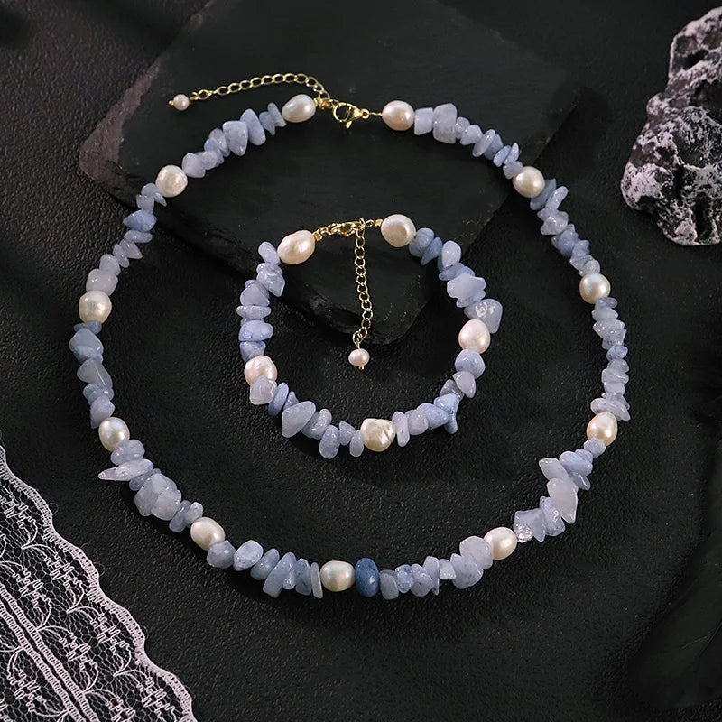 Natural Freshwater Pearl Blue Natural Stone Jewelry  Set for Women Festivals  Necklace Bracelet Set for Women Bohemian Jewelry