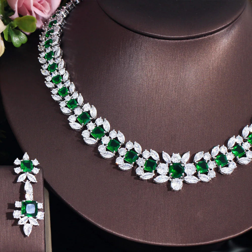 Luxurious Elegant Green Square Cubic Zirconia Big Women Wedding Event Costume Necklace Earrings Jewelry Sets for Brides