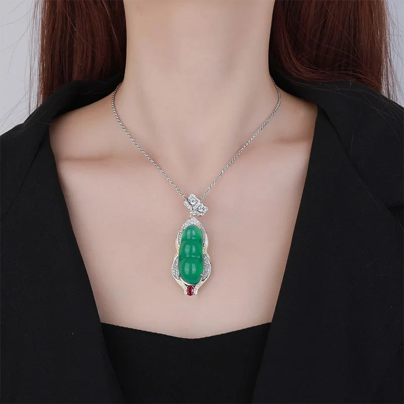 REDheart Inlaid Green Chaltony Fudou Brass Necklace with Zircon Flower Shape Pendant Rhodium Plated Women's Jewelry Set
