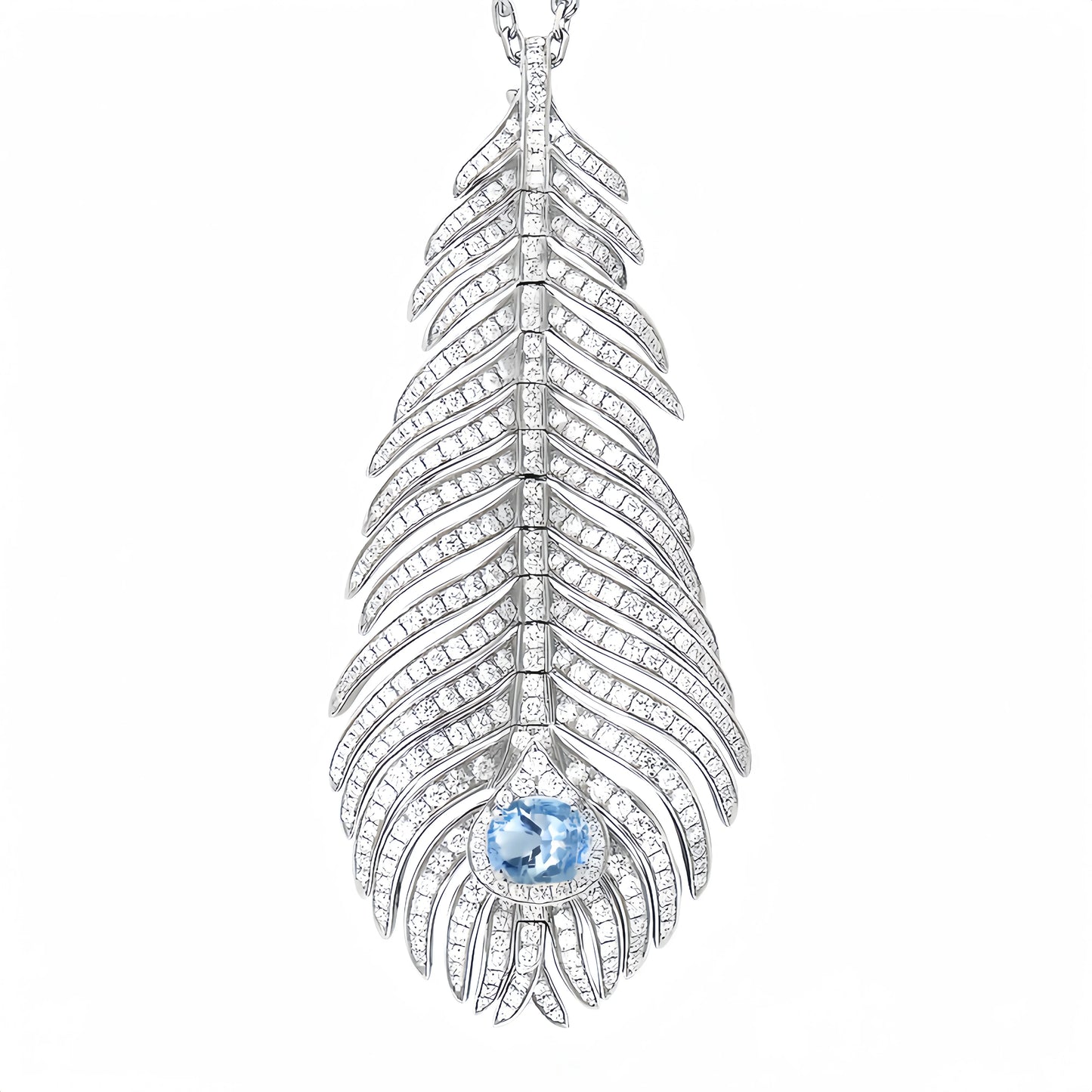 MUSHAN Jewelry 925 Silver Jewelry Long Chain Necklaces Women High Carbon Diamond Aquamarine Gemstones Feather Pendant Necklaces