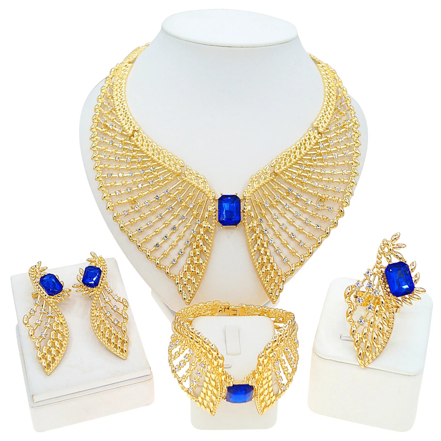 Zhuerrui Gold Plated Feather Design Necklace Bracelet Earrings Set with Blue Gemstones Rhinestones for Party Wedding 100029