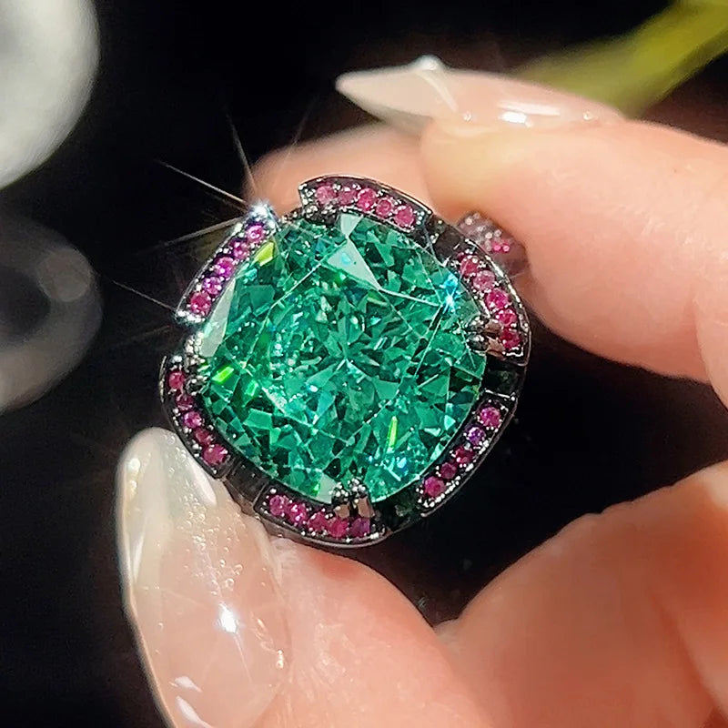 Gemfiori Luxury Dubai Bridal Wedding Boutique Jewelry Set Women's Black Gold Green Zircon Emerald Ring Earrings Pendant Necklace