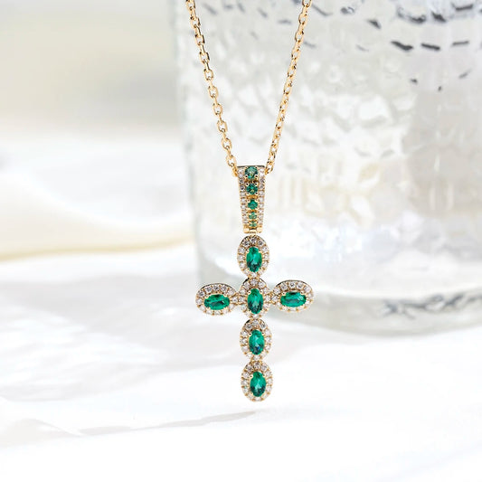 Messi Jewelry MSN-935 14k Yellow Gold Cross Necklace Oval Cut Lab Grown Emerald Necklace