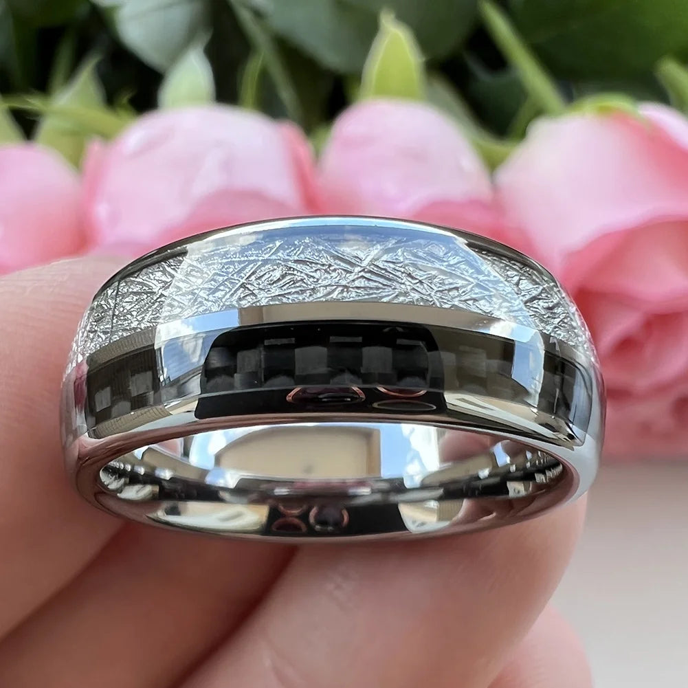 Coolstyle Jewelry 8mm Wholesale Meteorite Carbon Fiber Inlay Tungsten Ring for Men Women Fashion Engagement Wedding Band