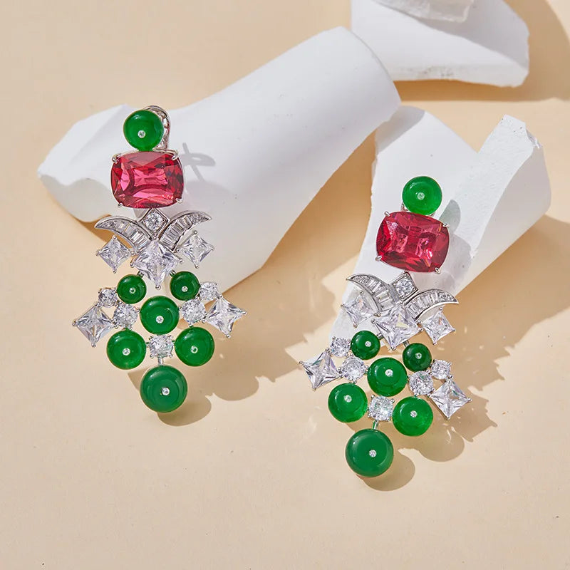 Luxury Red Ruby & Green Zirconia Tassel Pendant Long Necklace & Earrings Vintage Middle Eastern Bridal Set — Rhodium Plated