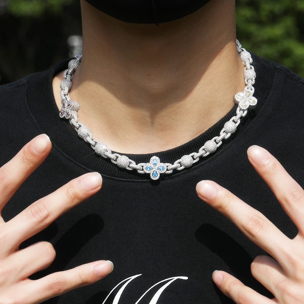 Latest Luxury Design Hiphop Customize Brass CZ Clover Necklace Beaded Chain Cuban Chain Necklace for Women and Men