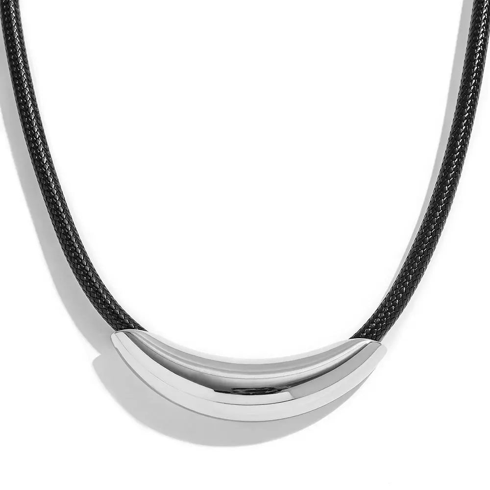 Joolim PVD Plated Wholesale Waterproof Fashion Curved Bar Crescent Pendant Leather Choker Necklace Stainless Steel Jewelry