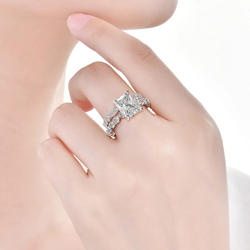 Silverelli | 925 Silver 4ct Rectangular High Carbon Diamond Ring | 8×10mm | White | Platinum Plated