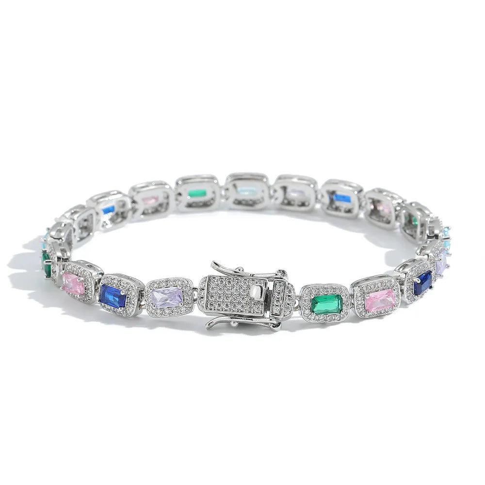 Hip-Hop Rap Big Gem Bracelet Fashion 5A Zircon Iced Out Real Gold Plated Necklace Chain Colorful Jewelry