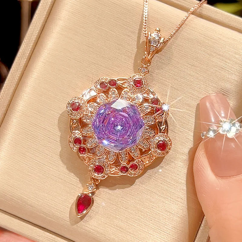 REDheart Fashion Vale Women's Copper Zircon 18K Gold Plated Flower Shape Necklace Accessories Brilliant Cut Orange Tassel Rose Gold