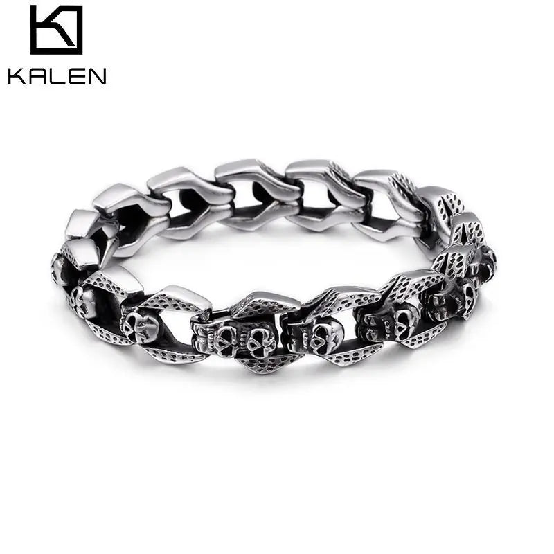 KALEN Punk Stainless Steel Multiple Skull Heads Charm Bracelets