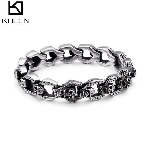 KALEN Punk Stainless Steel Multiple Skull Heads Charm Bracelets