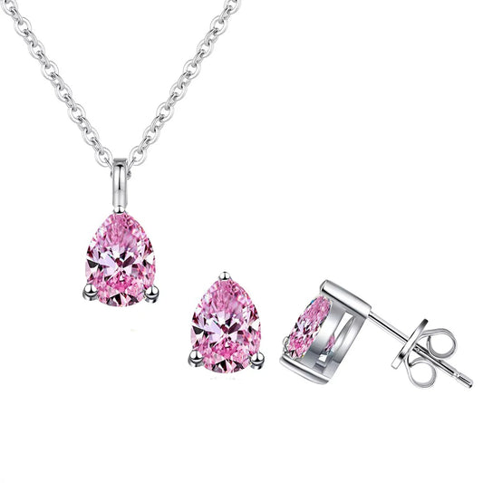 Beauty 925 Sterling Silver Jewelry Set Pink CZ Water Drop Pendant Necklace Stud Earrings Jewelry Set for Women Girls Party Wear