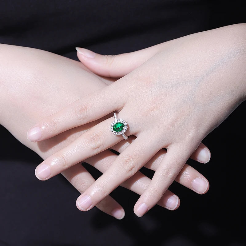 Gemfiori 100% 925 Silver Oval Emerald Stone Promise Ring With Small White Cz Diamonds for Her