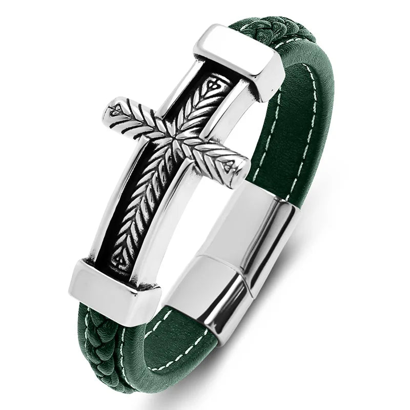 REBEL FASHIONISTA Hot Sale Male Magnetic Pattern Cross Style Stainless Steel Accessories Double-Layer Leather Bracelet Wearing Accessories