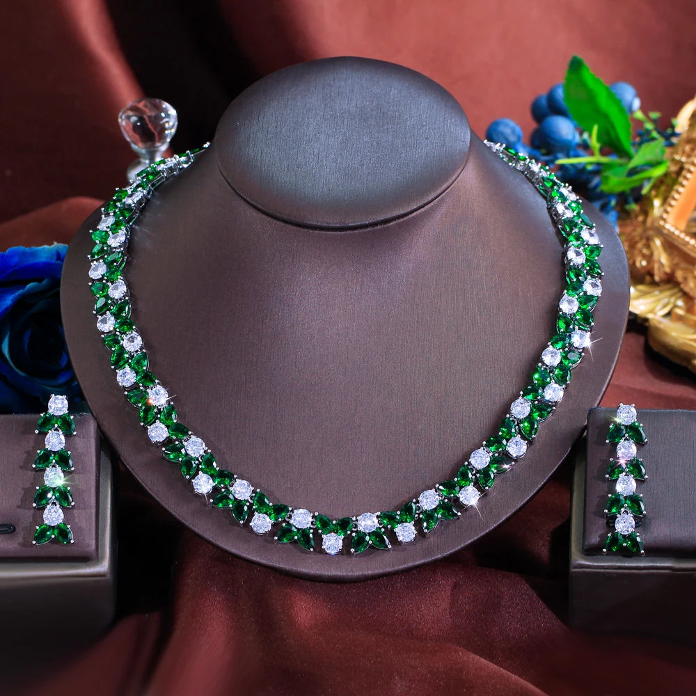 Trendy Green White Color Cubic Zirconia Wedding Brides Anniversary Jewelry Set for Women Necklace and Earrings Dress Accessories