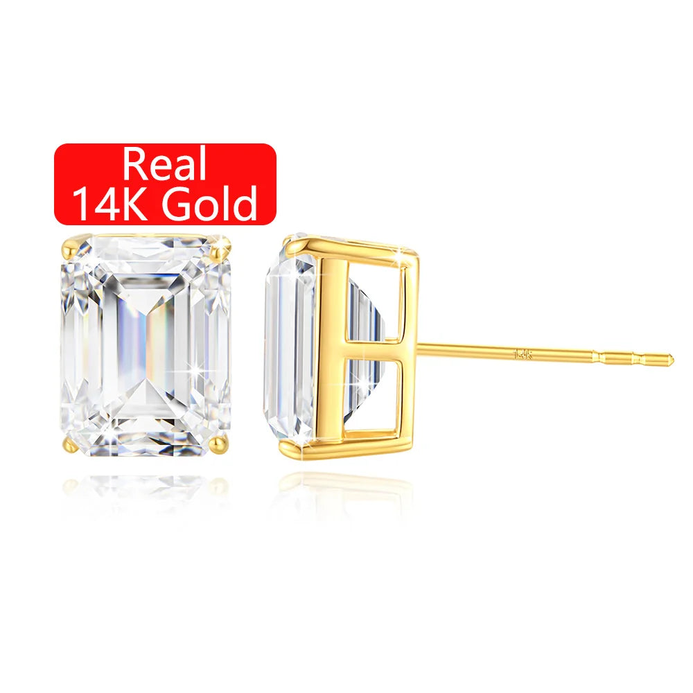 Gioiellieri Woman Fine Jewelry 4 Prong Design Real 14K Gold Hollow Luxury 1ct 2ct 3ct Emerald Cut Moissanite Stud Earrings