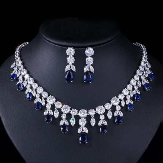 Luxury Dark Blue Women Wedding Party Dress Jewellery Big Dangle Drop Bridal CZ Necklace Earrings Jewelry Sets