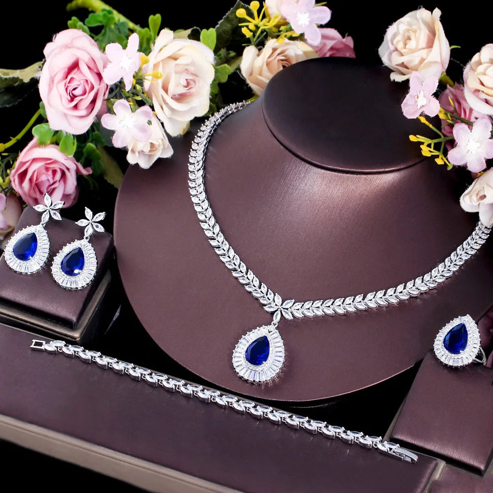4 Pcs Wedding Jewelry Set Water Drop Royal Blue CZ Zirconia Necklace Earrings Ring Bracelet for Women Bridal Party Accessories