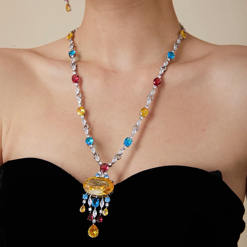 Dubai Fashion Brass Long Color Tassel Pendant Necklace with Earrings Jewelry Set Suitable for Weddings and Gifts