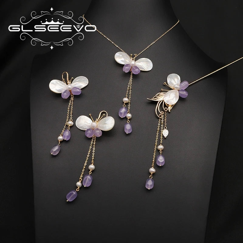 GLSEEVO Amethyst & Shell Butterfly Necklace, Earrings & Hairpin Set — 18K Gold Plated Brass | Vintage Luxury