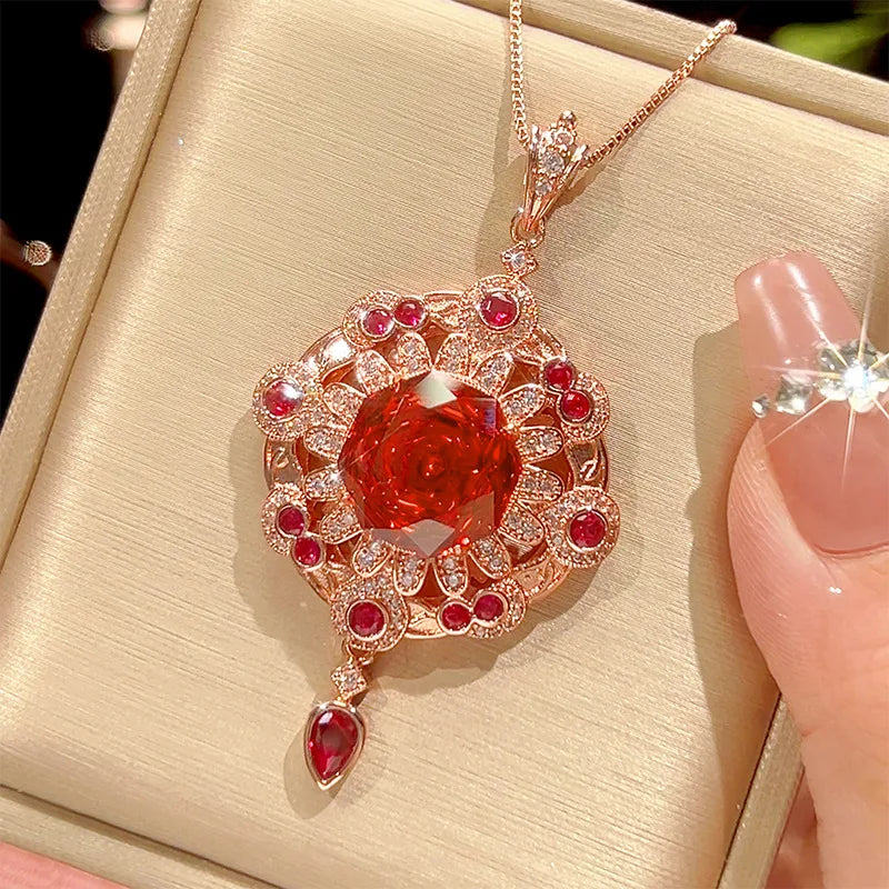 REDheart Fashion Vale Women's Copper Zircon 18K Gold Plated Flower Shape Necklace Accessories Brilliant Cut Orange Tassel Rose Gold