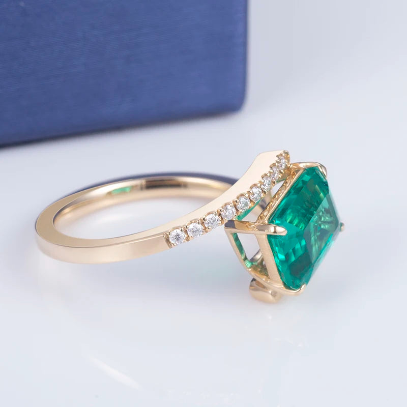 Gemfiori MS-611 18k Gold Women Fashion Jewelry DEF Round Cut Moissanite Square Emerald Ring