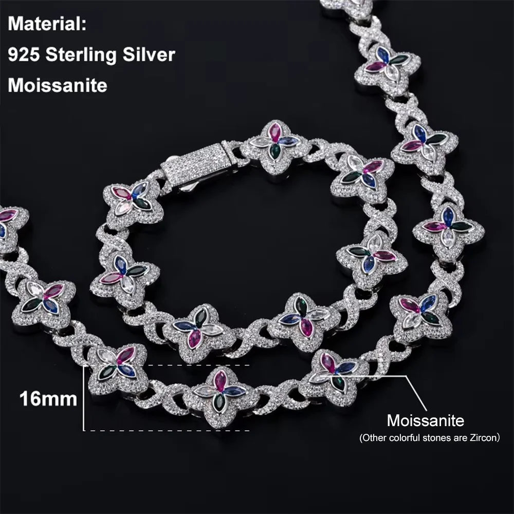 Custom Iced Out 16mm 925 Sterling Silver Moissanite Necklace GRA Hip Hop Pave Setting Infinity Clover Cuban Link Chain Jewelry