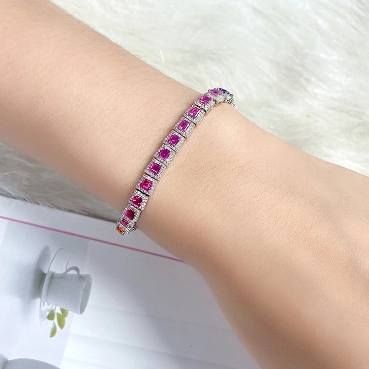 Gemfiori ANSTER Tennis Bracelet Women's 925 Sterling Silver Handmade Iridescent Color Rhodium Plated Jewelry for Parties and Gifts