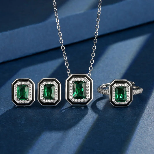 Gemfiori Simple Princess Square Green Zircon Ring Light Luxury Black Enamel Earnail Necklace Set