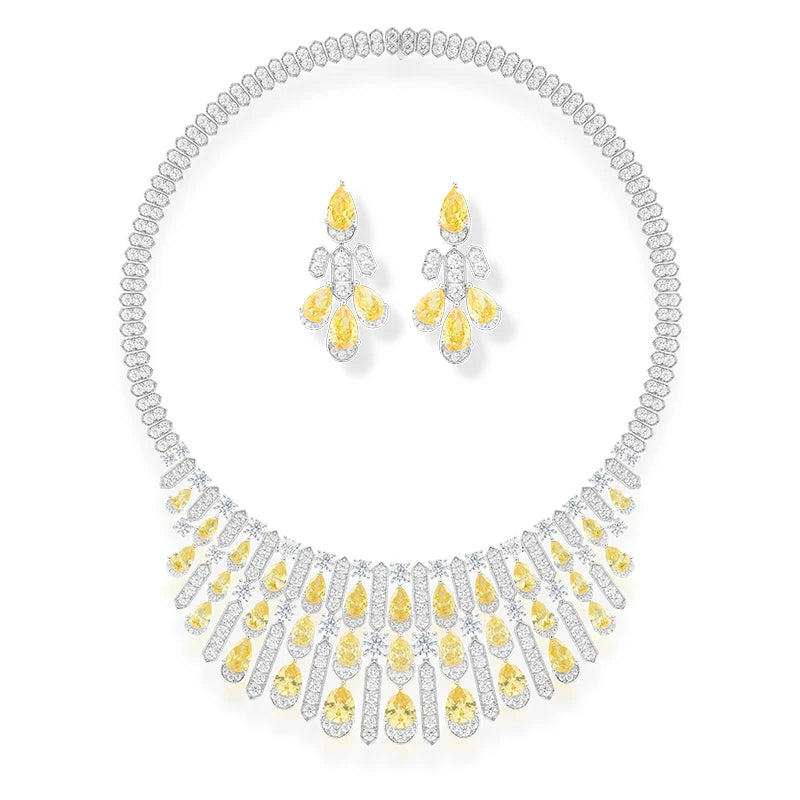 Bridal Luxury Pear Cut Yellow Zirconia Necklace Earrings 2-piece Set High Quality Brass Jewelry Anniversary Gift