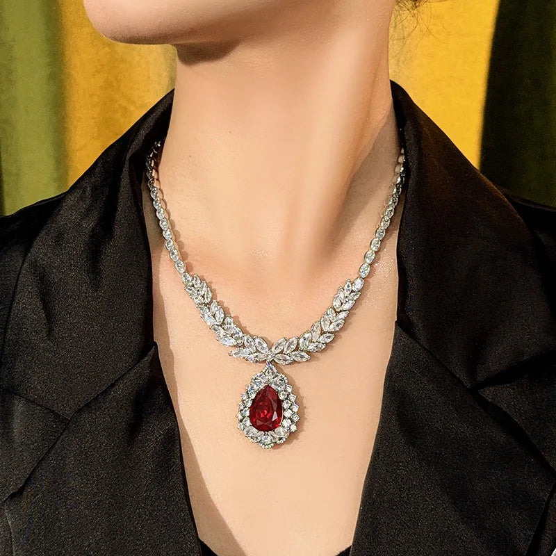 REDheart Fashion Copper Inlaid Zircon Gold-Plated Flower Shape Large Chain Simulation Corundum Advanced Wedding Banquet Drop
