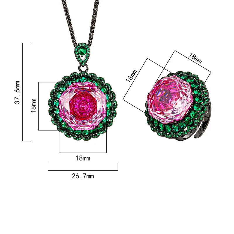 Gemfiori Exquisite Personalized Luxury Jewelry Set Green Zircon Temperament Banquet Ring High-end Feeling Collarbone Chain