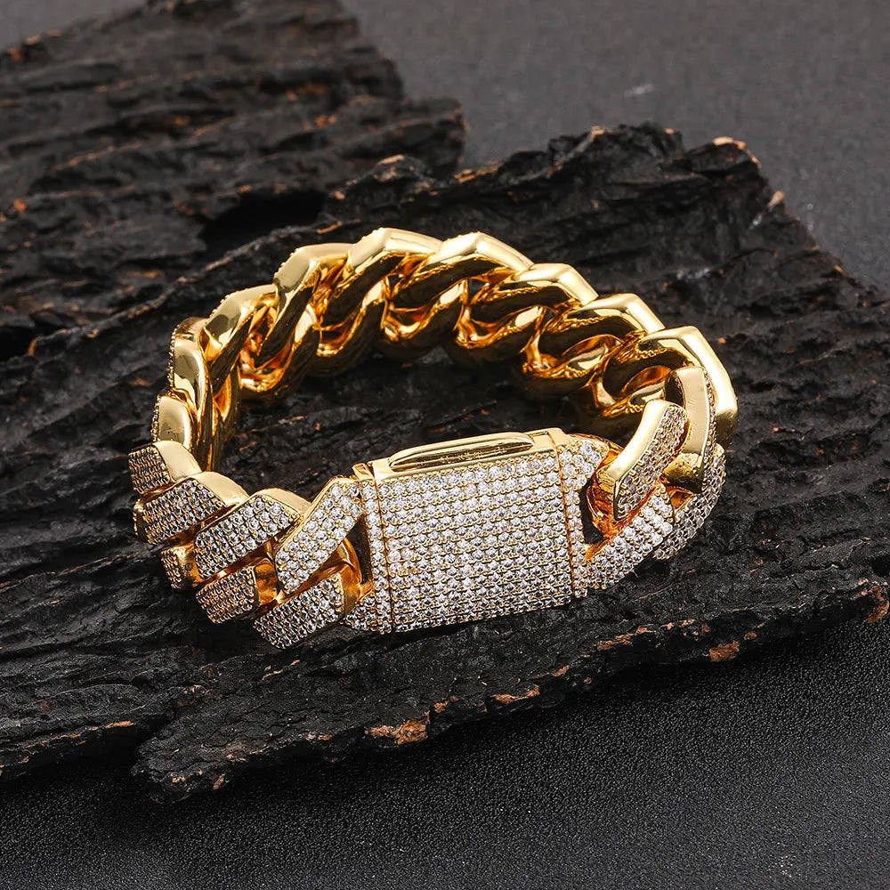 Wholesale Hip Hop 10mm 12mm 14mm 15mm 20mm Zircon 18k Gold Plated Bracelet Men Cuban Link Bracelet Homme Iced Out Bracelets