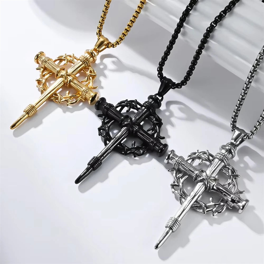 Thorn Wreath Cross Religious Anti Non Tarnish WaterProof Stainless Steel Fashion Jewelry Pendant Necklaces for Men Wholesale