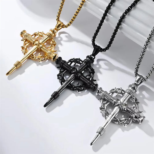Thorn Wreath Cross Religious Anti Non Tarnish WaterProof Stainless Steel Fashion Jewelry Pendant Necklaces for Men Wholesale