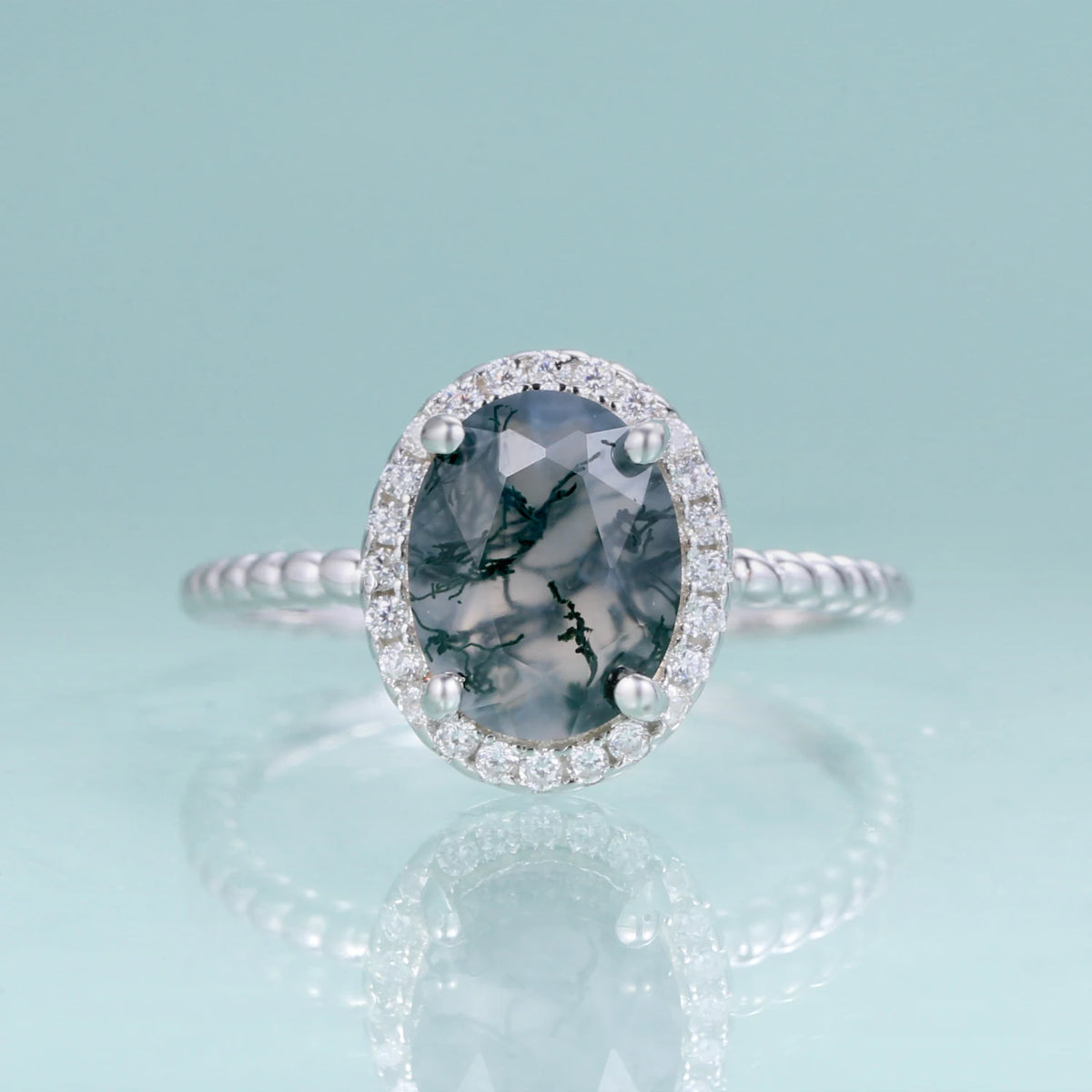 ArtistA Abiding Plated Silver 925 Natural Stone Ring Fancy Cut Natural Inspired Moss Agate Engagement Ring for Anniversary Bridal
