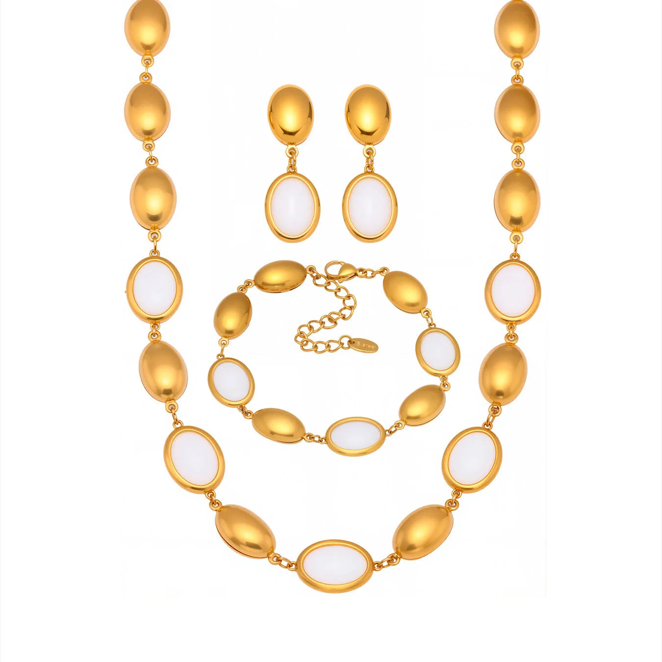 Natural Oval Opal Necklace, Bracelet & Earrings Jewellery Set | Bohemian Gold Plated Stainless Steel Set