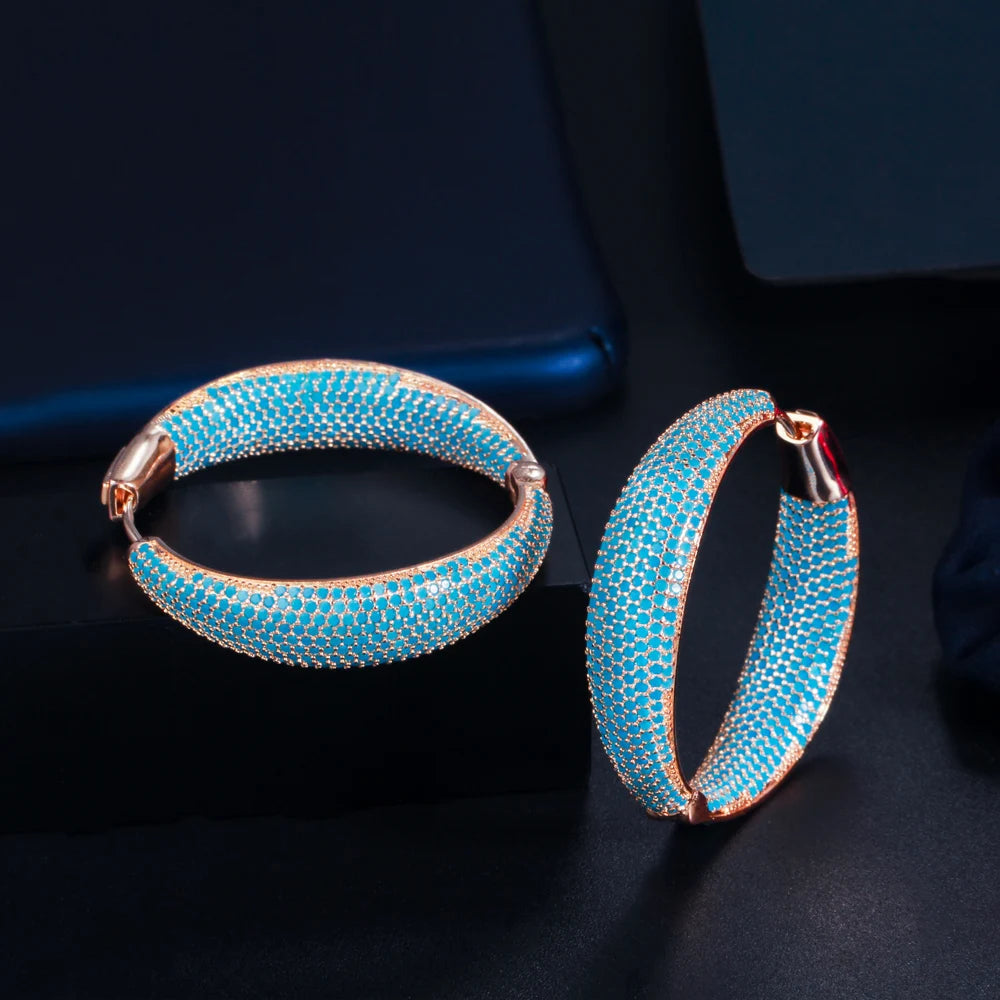 S&S Turkish-Inspired Light Blue CZ Large Hoop Earrings – 18K Champagne Gold Plated – Collection