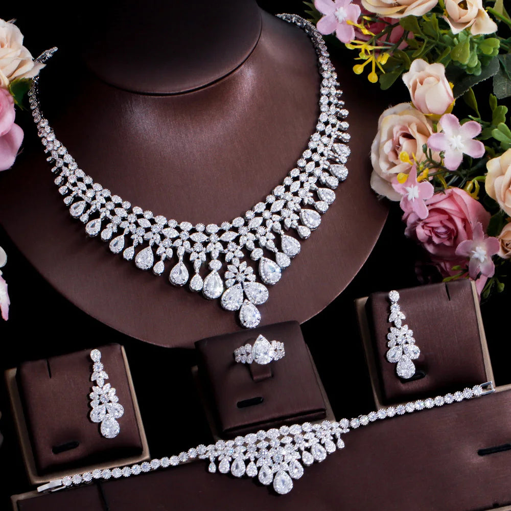 4 Piece Saudi Arabia Necklace Cubic Zirconia Super Big Luxury Jewelry Set for Women's Wedding Dubai Bridal Jewellery Set