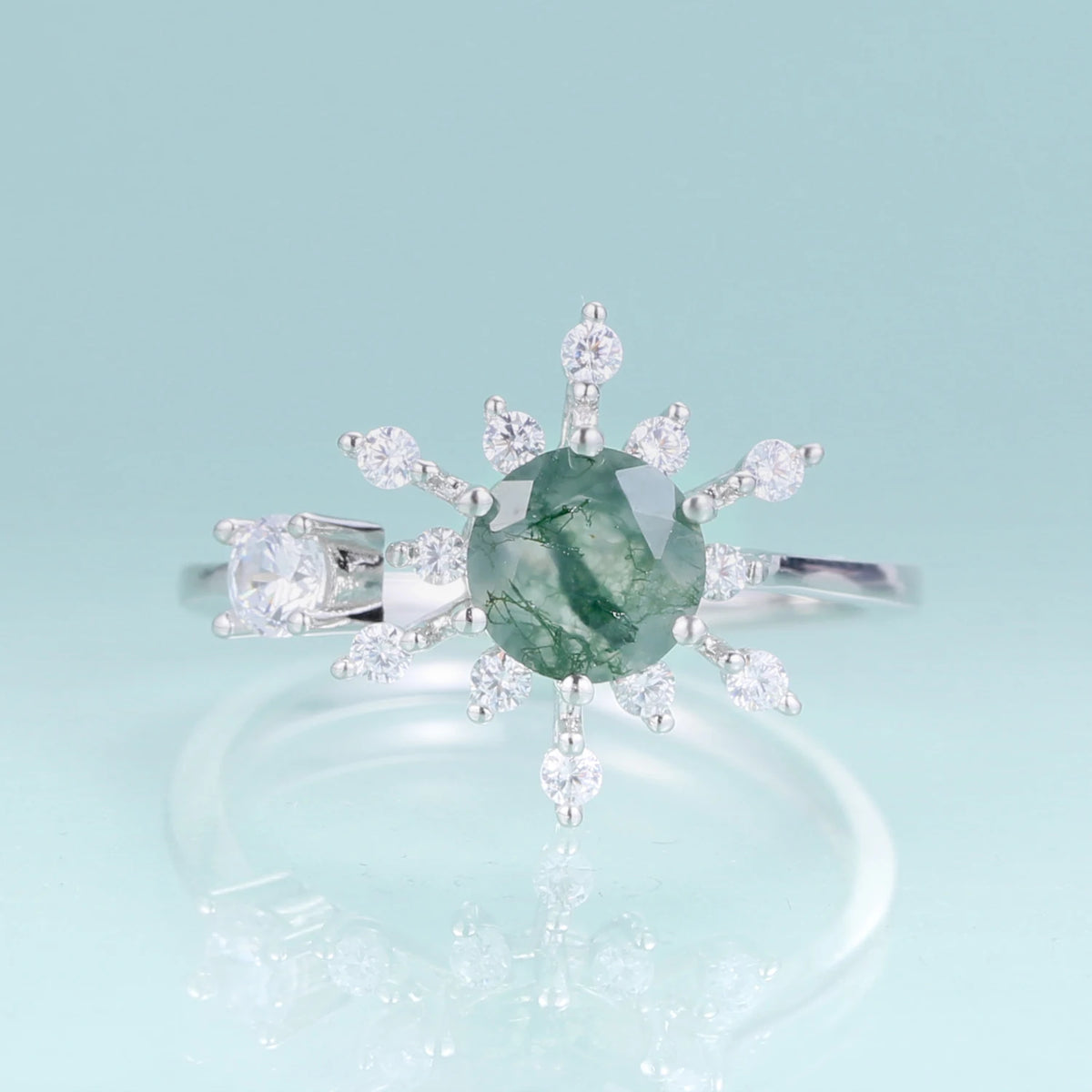 ArtistA Abiding Plated Silver 925 Natural Stone Ring Fancy Cut Natural Inspired Moss Agate Engagement Ring for Anniversary Bridal