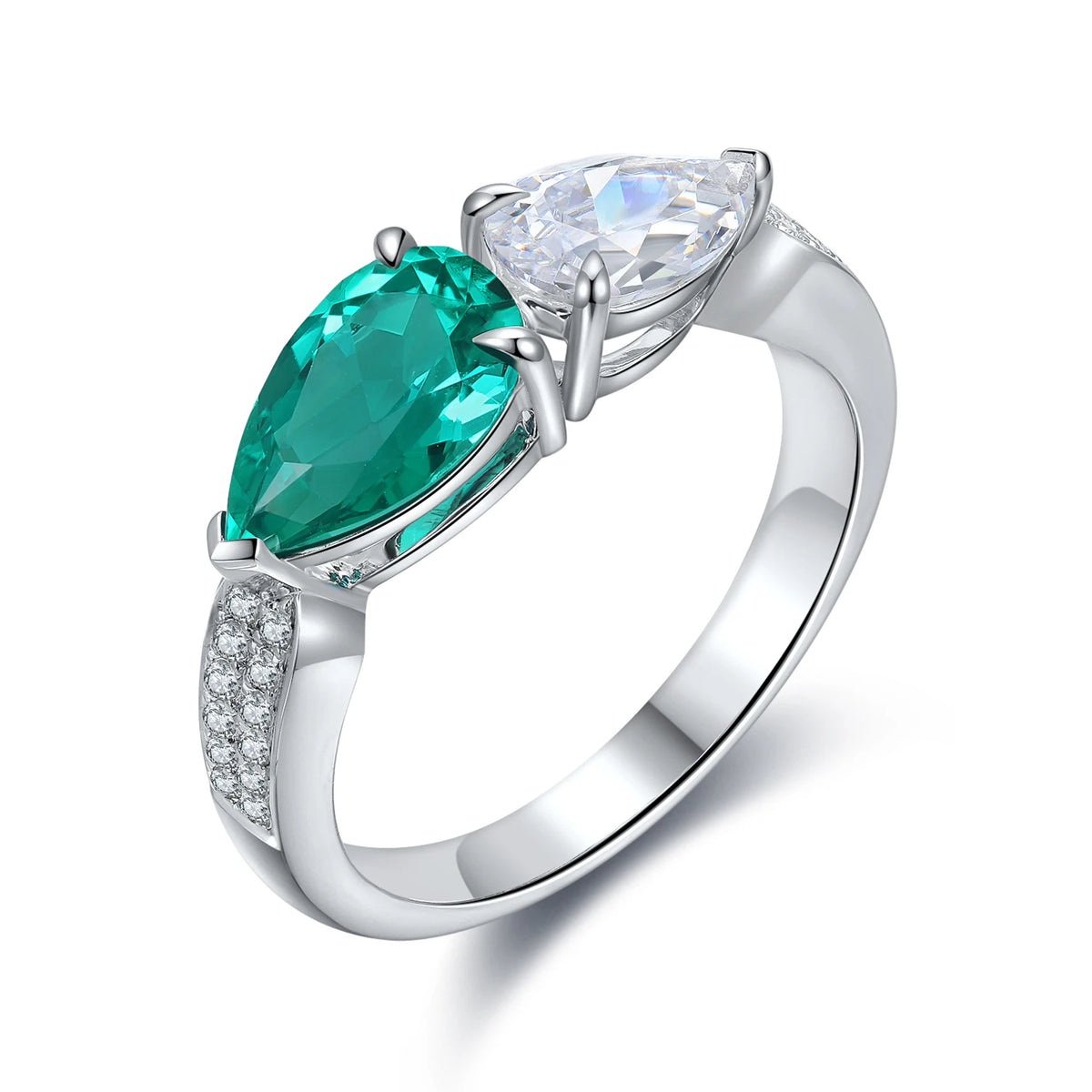 Gemfiori Pear Cut Lab Grown Emerald Green Stone Solitaire Ring in Solid 925 Sterling Silver with Celtic Knot Shank