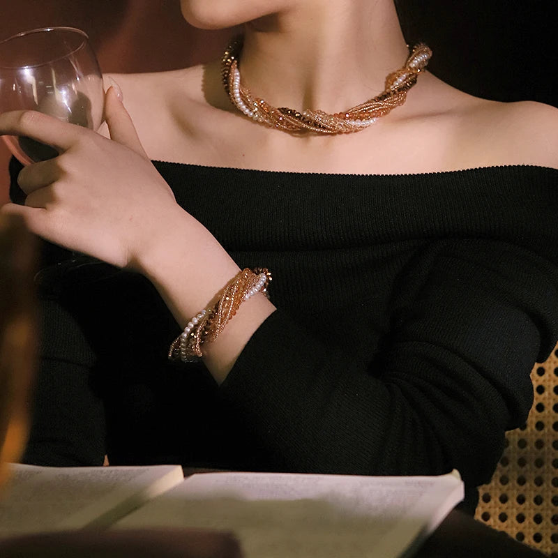 GLSEEVO Natural Freshwater Pearl & Champagne Crystal Multi-Strand Twisted Necklace & Bracelet Set — Luxury Banquet Jewellery